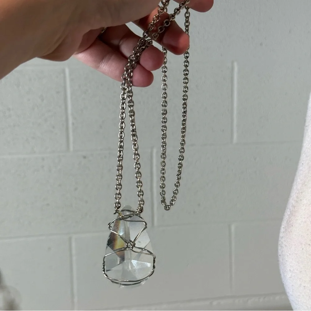 Silver Teardrop wire wrapped Crystal Pendant statement Necklace whimsical